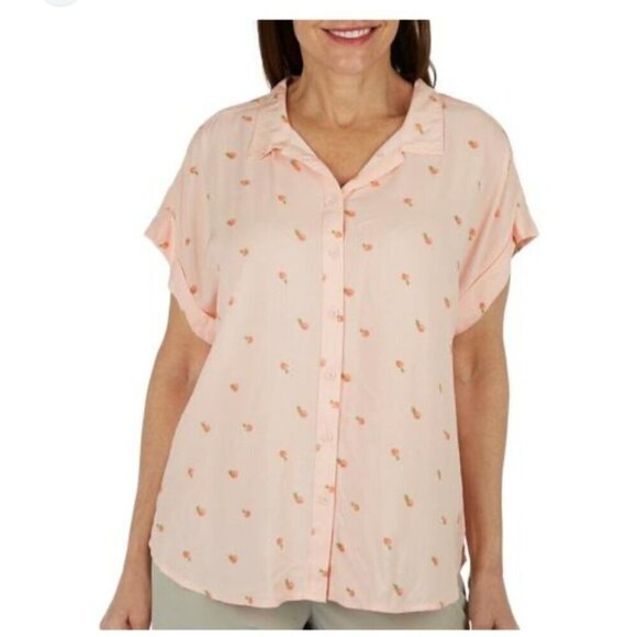 Per Se women's pink short sleeve button front oranges print top size 1x - Picture 9 of 9